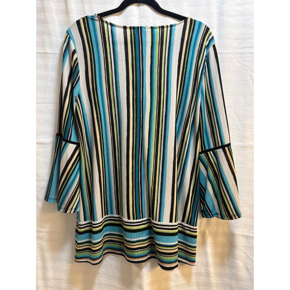 Dana Buchman Striped Tunic Top Bell Sleeve Lace Up Neck Women's L - Picture 2 of 5
